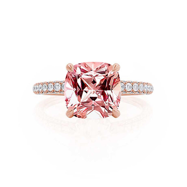COCO - Cushion Champagne Sapphire & Diamond 18k Rose Gold Hidden Halo Triple Pavé Shoulder Set Engagement Ring Lily Arkwright