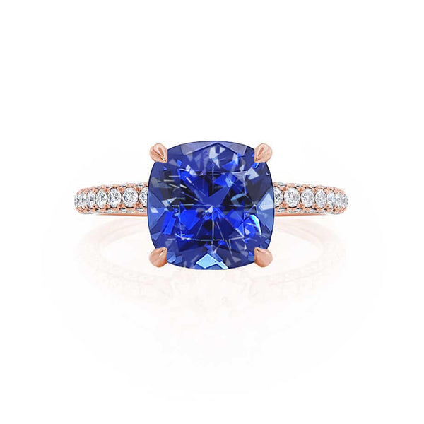 COCO - Cushion Blue Sapphire & Diamond 18k Rose Gold Hidden Halo Triple Pavé Shoulder Set Engagement Ring Lily Arkwright