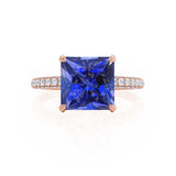 COCO - Princess Blue Sapphire & Diamond 18k Rose Gold Hidden Halo Triple Pavé Shoulder Set Engagement Ring Lily Arkwright