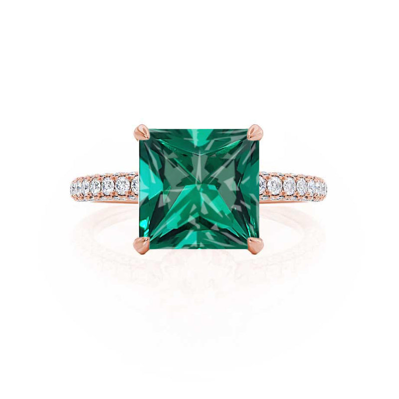 COCO - Princess Emerald & Diamond 18k Rose Gold Hidden Halo Triple Pavé Shoulder Set Engagement Ring Lily Arkwright