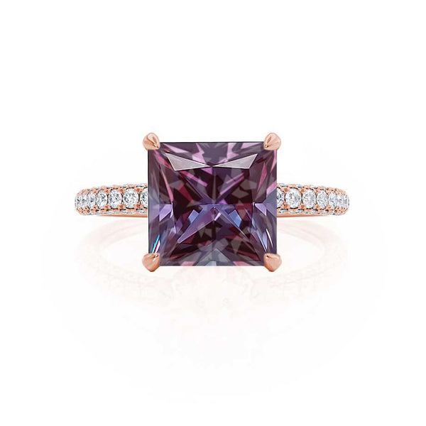 COCO - Princess Alexandrite & Diamond 18k Rose Gold Hidden Halo Triple Pavé Shoulder Set Engagement Ring Lily Arkwright