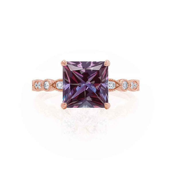 HOPE - Princess Alexandrite & Diamond 18k Rose Gold Vintage Shoulder Set Engagement Ring Lily Arkwright