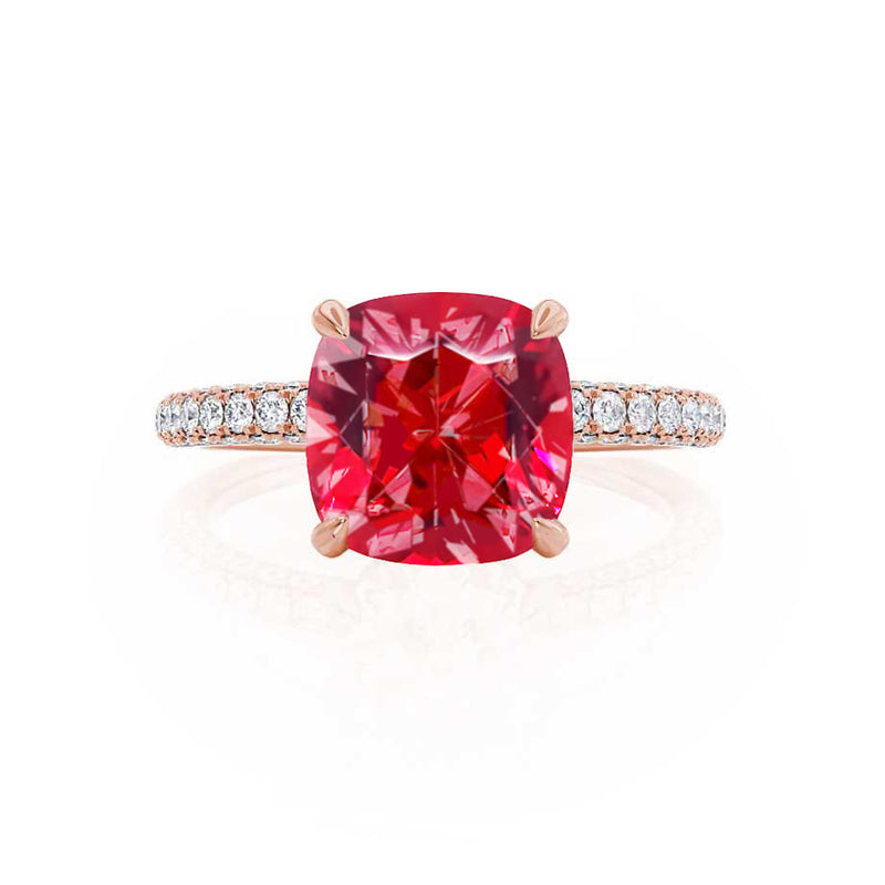 COCO - Cushion Ruby & Diamond 18k Rose Gold Hidden Halo Triple Pavé Shoulder Set Engagement Ring Lily Arkwright