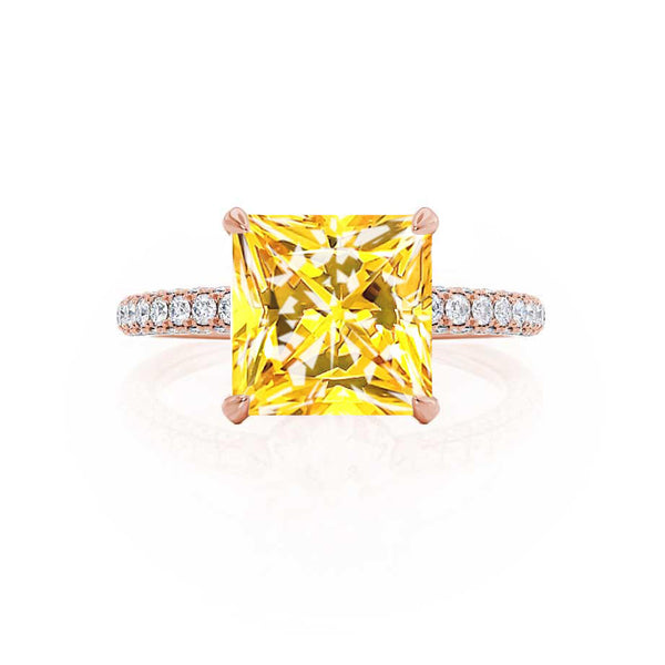 COCO - Princess Yellow Sapphire & Diamond 18k Rose Gold Hidden Halo Triple Pavé Shoulder Set Engagement Ring Lily Arkwright