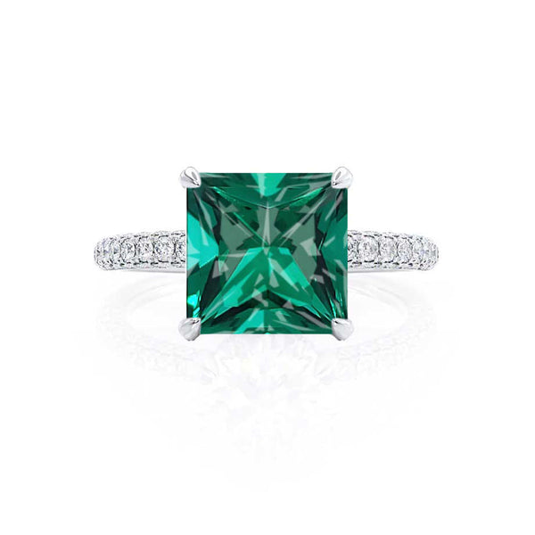 COCO - Princess Emerald & Diamond 18k White Gold Hidden Halo Triple Pavé Shoulder Set Engagement Ring Lily Arkwright