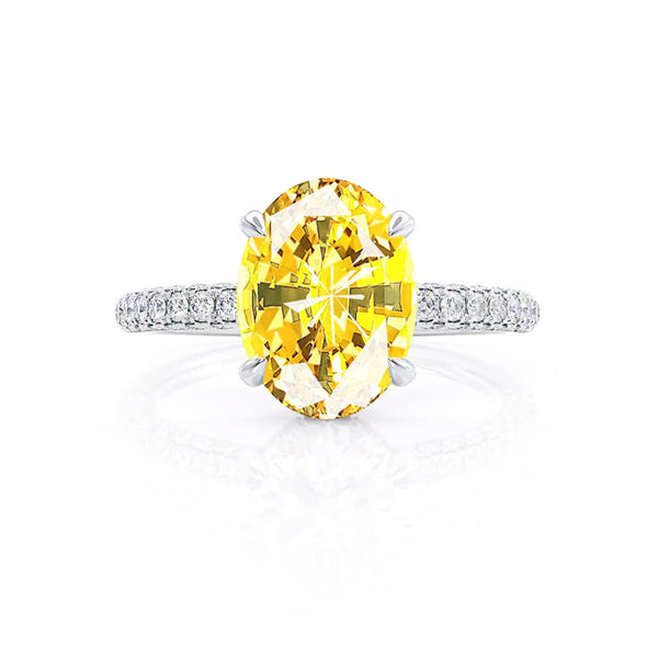 COCO - Oval Yellow Sapphire & Diamond 18k White Gold Petite Hidden Halo Triple Pavé Shoulder Set Ring Engagement Ring Lily Arkwright
