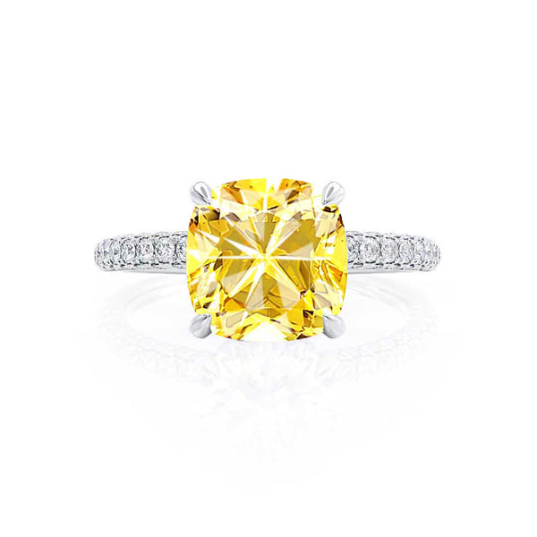 COCO - Cushion Yellow Sapphire & Diamond 18k White Gold Hidden Halo Triple Pavé Shoulder Set Engagement Ring Lily Arkwright