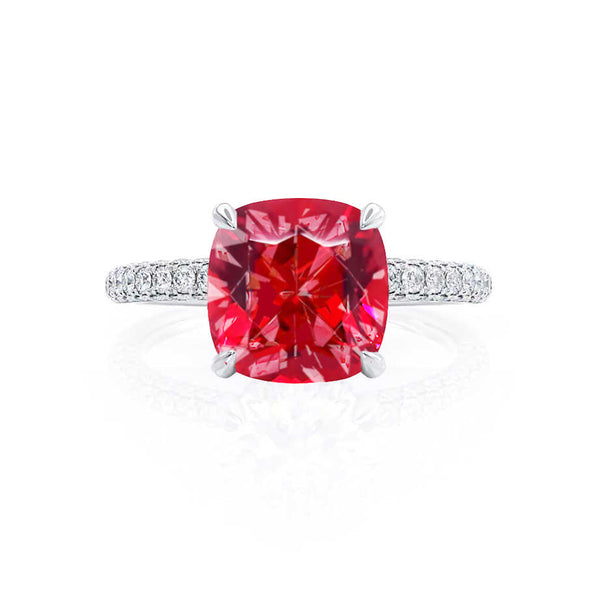 COCO - Cushion Ruby & Diamond 18k White Gold Hidden Halo Triple Pavé Shoulder Set Engagement Ring Lily Arkwright