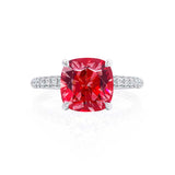 COCO - Cushion Ruby & Diamond 950 Platinum Hidden Halo Triple Pavé Shoulder Set Engagement Ring Lily Arkwright