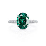 COCO - Oval Emerald & Diamond 18k White Gold Petite Hidden Halo Triple Pavé Shoulder Set Ring Engagement Ring Lily Arkwright