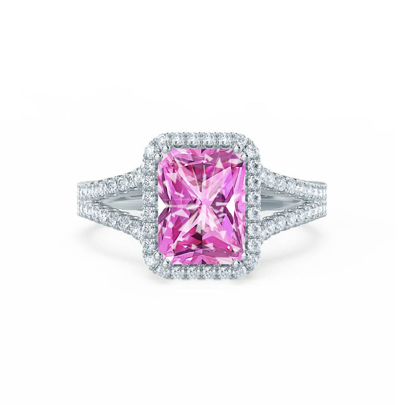 EVERLY - Radiant Pink Sapphire & Diamond 950 Platinum Split Shank Halo Ring Engagement Ring Lily Arkwright