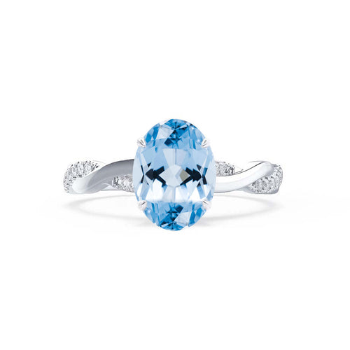 EDEN - Ready to Ship 2.47ct / 9x7mm Chatham® Oval Lab Grown Aquamarine Blue Sapphire Platinum 950 Petite Diamond Hidden Halo and Shoulder Set Ring
