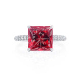 COCO - Princess Ruby & Diamond 18k White Gold Hidden Halo Triple Pavé Shoulder Set Engagement Ring Lily Arkwright