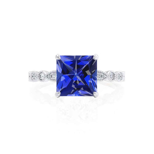 HOPE - Princess Blue Sapphire & Diamond 18k White Gold Vintage Shoulder Set Engagement Ring Lily Arkwright