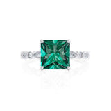 HOPE - Princess Emerald & Diamond 18k White Gold Vintage Shoulder Set Engagement Ring Lily Arkwright
