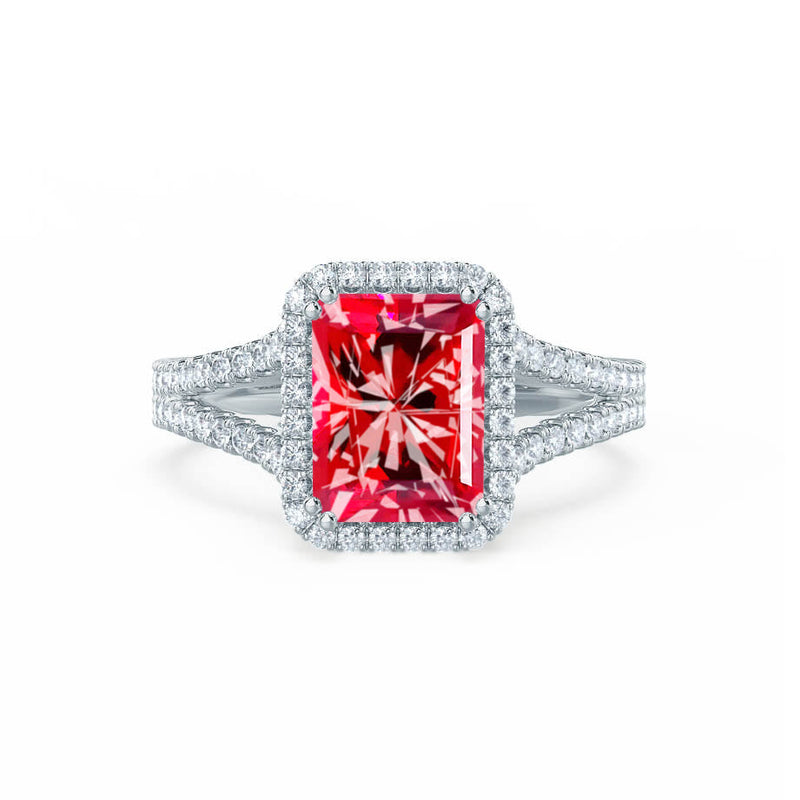 EVERLY - Radiant Ruby & Diamond 18k White Gold Split Shank Halo Ring Engagement Ring Lily Arkwright