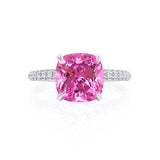 COCO - Cushion Pink Sapphire & Diamond 18k White Gold Hidden Halo Triple Pavé Shoulder Set Engagement Ring Lily Arkwright