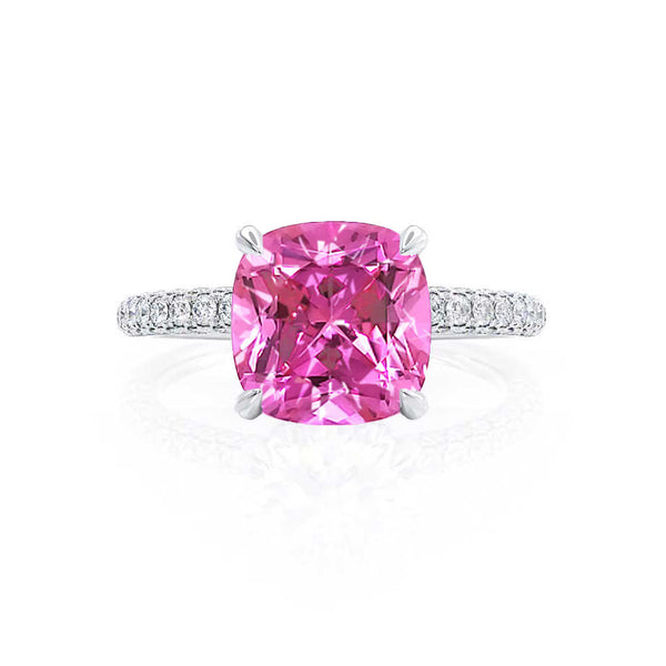 COCO - Cushion Pink Sapphire & Diamond 18k White Gold Hidden Halo Triple Pavé Shoulder Set Engagement Ring Lily Arkwright