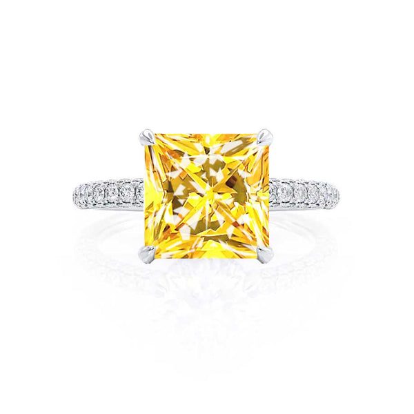 COCO - Princess Yellow Sapphire & Diamond 18k White Gold Hidden Halo Triple Pavé Shoulder Set Engagement Ring Lily Arkwright