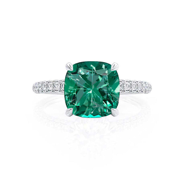 COCO - Cushion Emerald & Diamond 18k White Gold Hidden Halo Triple Pavé Shoulder Set Engagement Ring Lily Arkwright