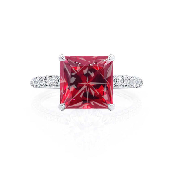 COCO - Princess Ruby & Diamond 950 Platinum Hidden Halo Triple Pavé Shoulder Set Engagement Ring Lily Arkwright