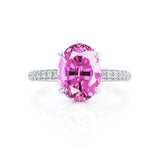 COCO - Oval Pink Sapphire & Diamond 18k White Gold Petite Hidden Halo Triple Pavé Shoulder Set Ring Engagement Ring Lily Arkwright