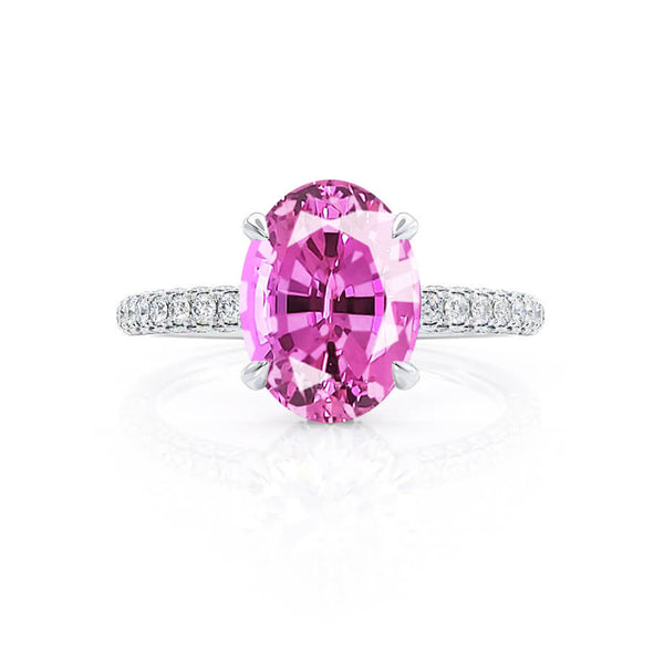 COCO - Oval Pink Sapphire & Diamond 18k White Gold Petite Hidden Halo Triple Pavé Shoulder Set Ring Engagement Ring Lily Arkwright