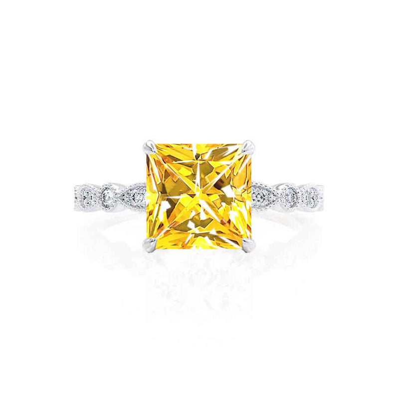 HOPE - Princess Yellow Sapphire & Diamond 950 Platinum Vintage Shoulder Set Engagement Ring Lily Arkwright