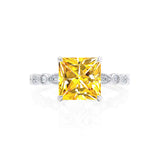 HOPE - Princess Yellow Sapphire & Diamond 18k White Gold Vintage Shoulder Set Engagement Ring Lily Arkwright