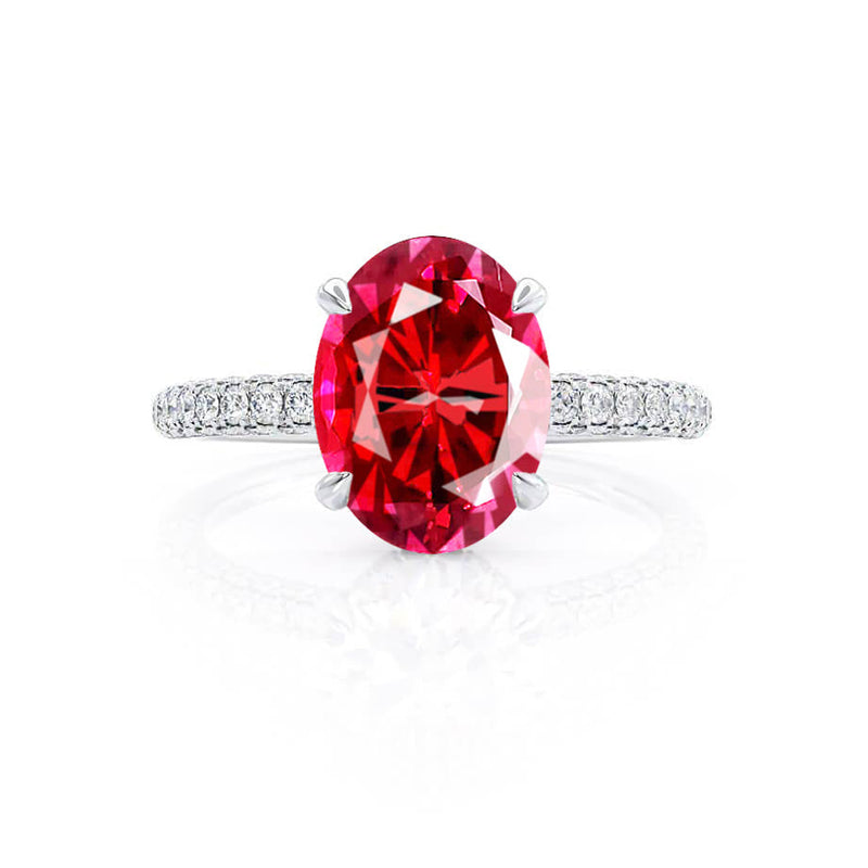 COCO - Oval Ruby & Diamond 950 Platinum Petite Hidden Halo Triple Pavé Shoulder Set Ring Engagement Ring Lily Arkwright