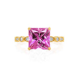 HOPE - Princess Pink Sapphire & Diamond 18k Yellow Gold Vintage Shoulder Set Engagement Ring Lily Arkwright