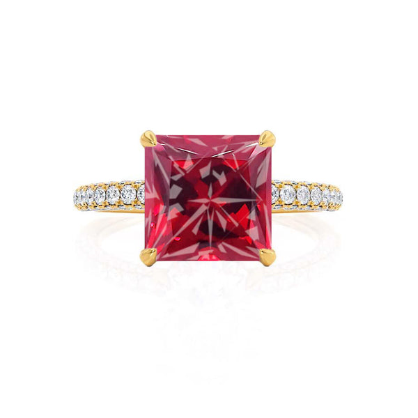 COCO - Princess Ruby & Diamond 18k Yellow Gold Hidden Halo Triple Pavé Shoulder Set Engagement Ring Lily Arkwright