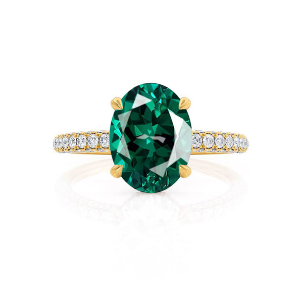 COCO - Oval Emerald & Diamond 18k Yellow Gold Petite Hidden Halo Triple Pavé Shoulder Set Ring Engagement Ring Lily Arkwright