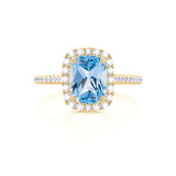 DARLEY - Aqua Spinel Elongated Cushion Micro Pavé 18k Yellow Gold Halo Engagement Ring Lily Arkwright