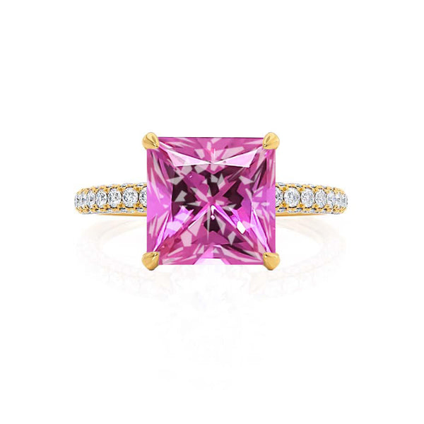 COCO - Princess Pink Sapphire & Diamond 18k Yellow Gold Hidden Halo Triple Pavé Shoulder Set Engagement Ring Lily Arkwright