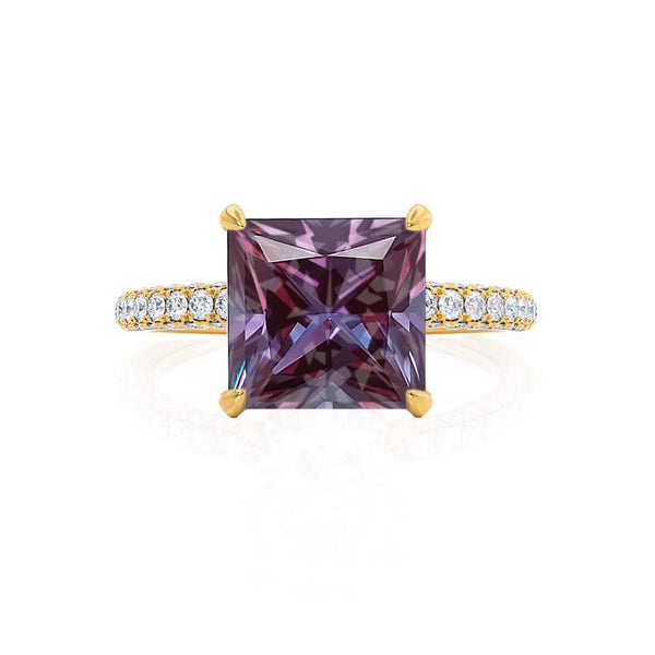 COCO - Princess Alexandrite & Diamond 18k Yellow Gold Hidden Halo Triple Pavé Shoulder Set Engagement Ring Lily Arkwright
