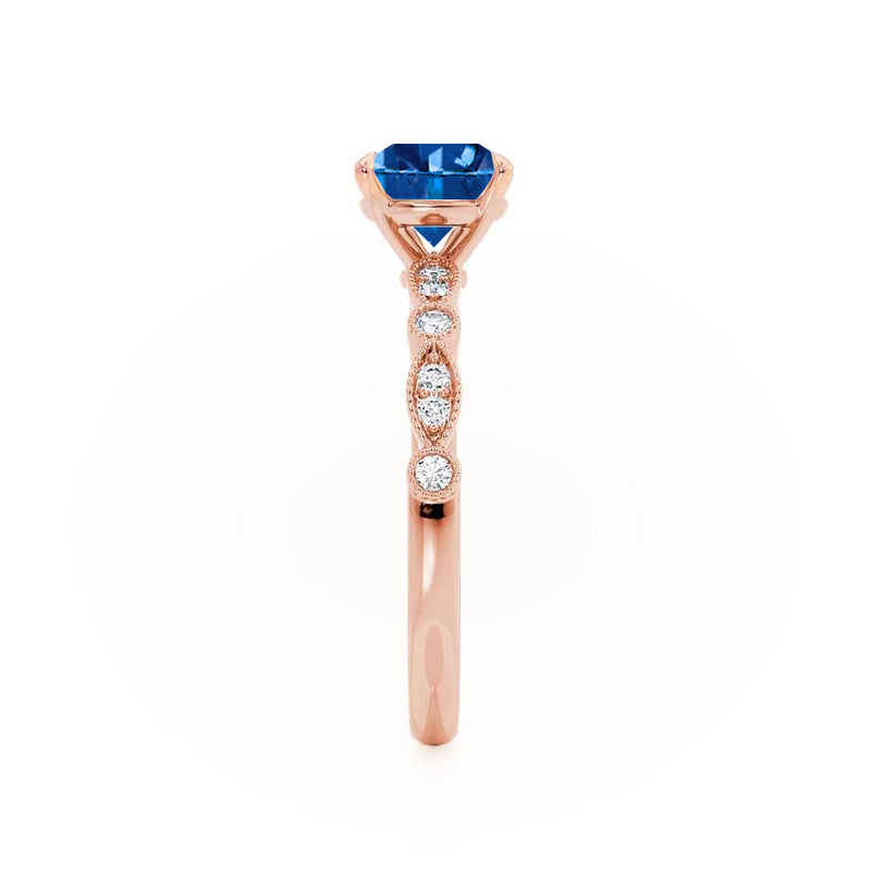 HOPE - Princess Blue Sapphire & Diamond 18k Rose Gold Vintage Shoulder Set Engagement Ring Lily Arkwright