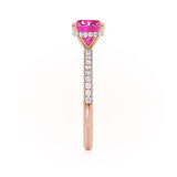 COCO - Cushion Pink Sapphire & Diamond 18k Rose Gold Hidden Halo Triple Pavé Shoulder Set Engagement Ring Lily Arkwright
