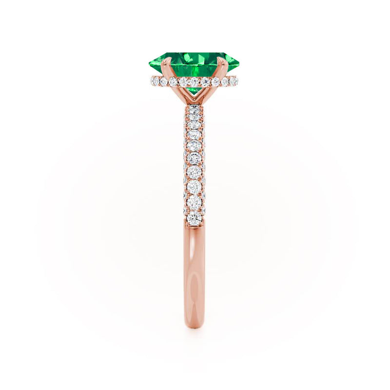 COCO - Oval Emerald & Diamond 18k Rose Gold Petite Hidden Halo Triple Pavé Shoulder Set Ring Engagement Ring Lily Arkwright