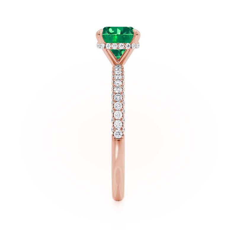 COCO - Cushion Emerald & Diamond 18k Rose Gold Hidden Halo Triple Pavé Shoulder Set Engagement Ring Lily Arkwright