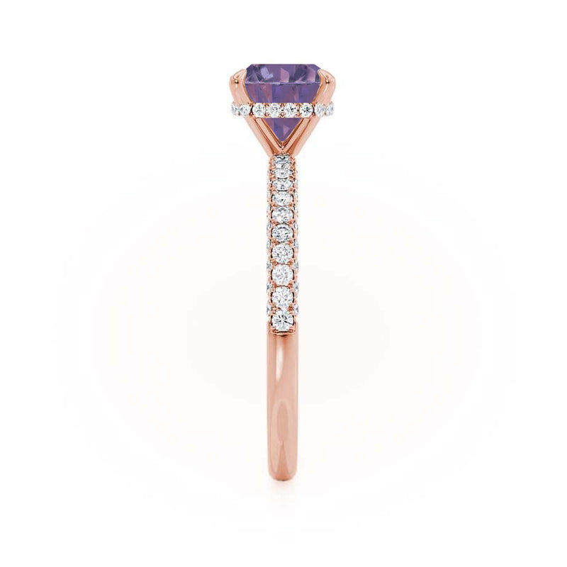 COCO - Cushion Alexandrite & Diamond 18k Rose Gold Hidden Halo Triple Pavé Shoulder Set Engagement Ring Lily Arkwright