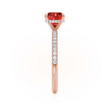 COCO - Cushion Ruby & Diamond 18k Rose Gold Hidden Halo Triple Pavé Shoulder Set Engagement Ring Lily Arkwright