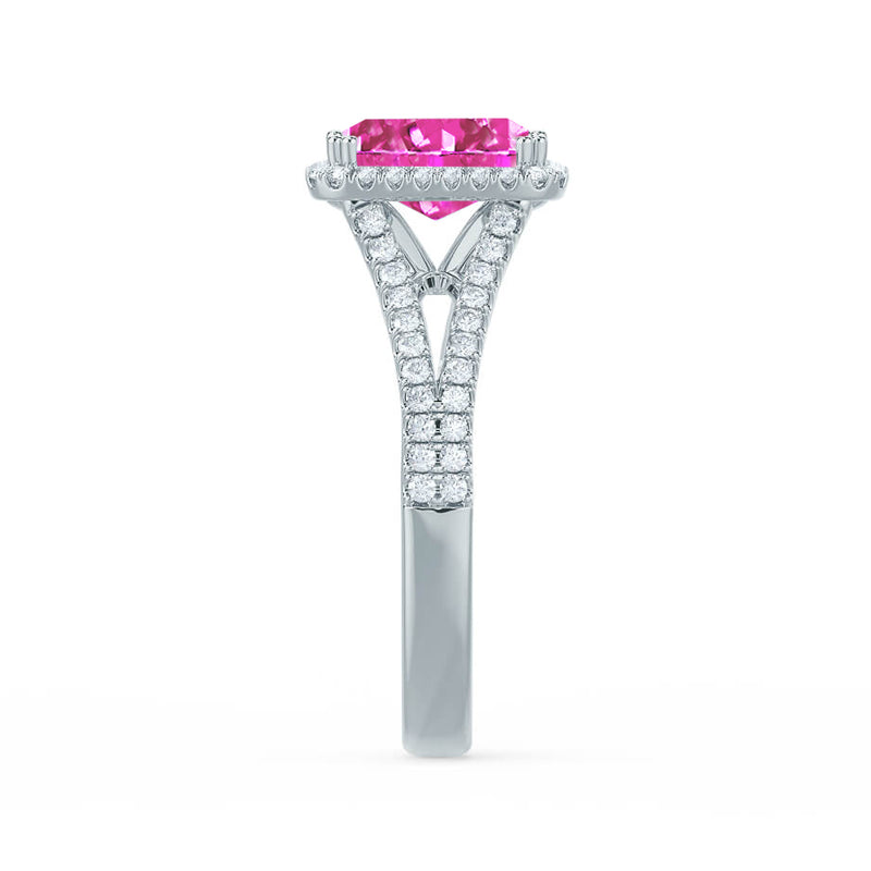 EVERLY - Radiant Pink Sapphire & Diamond 18k White Gold Split Shank Halo Ring Engagement Ring Lily Arkwright