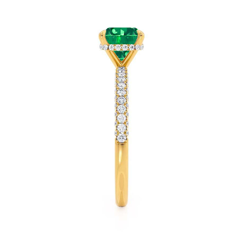 COCO - Cushion Emerald & Diamond 18k Yellow Gold Hidden Halo Triple Pavé Shoulder Set Engagement Ring Lily Arkwright