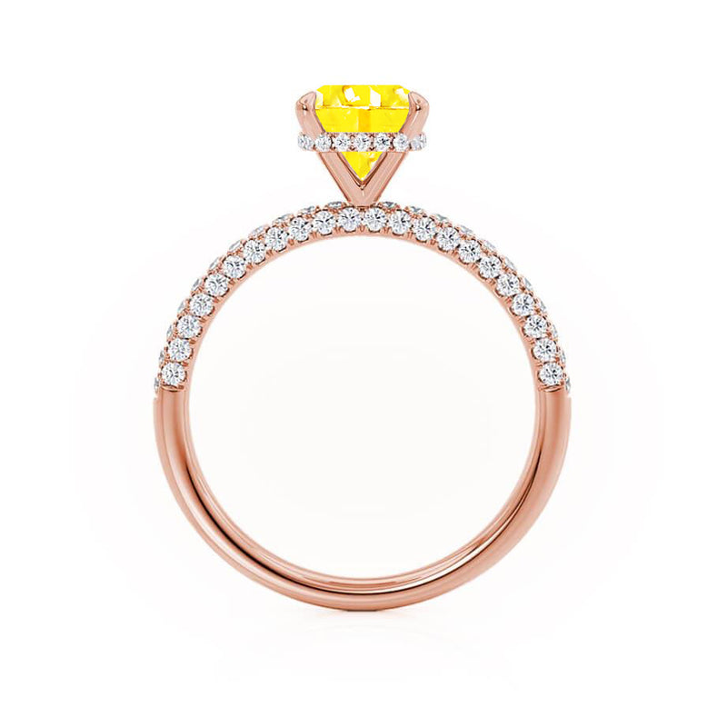 COCO - Cushion Yellow Sapphire & Diamond 18k Rose Gold Hidden Halo Triple Pavé Shoulder Set Engagement Ring Lily Arkwright