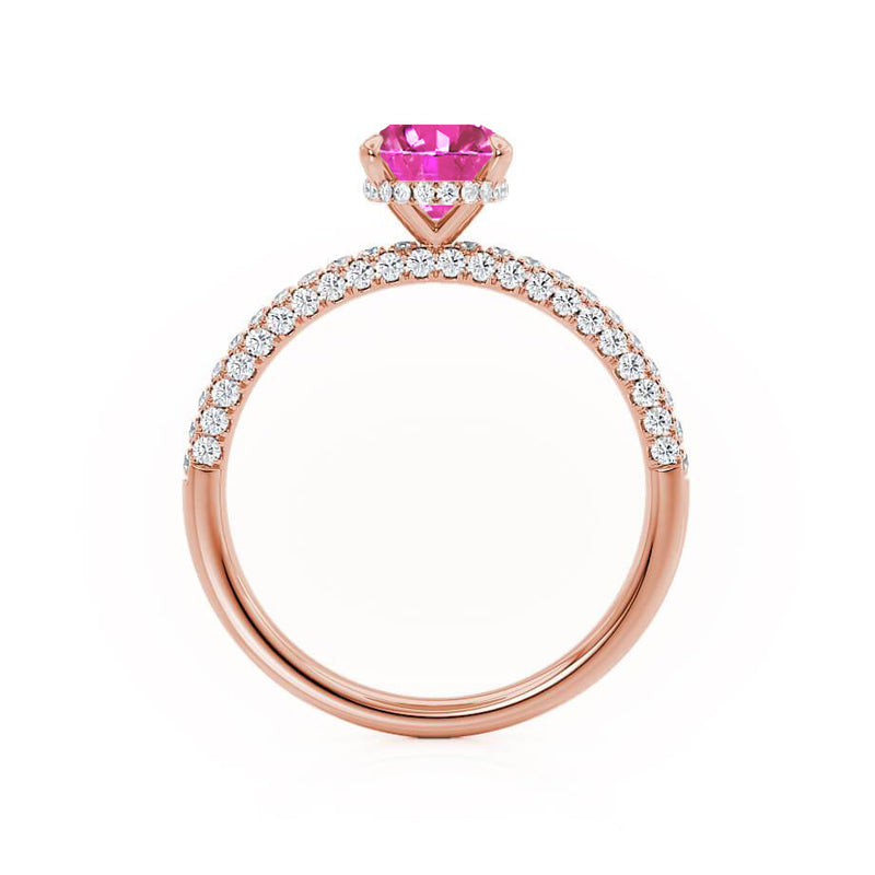 COCO - Oval Pink Sapphire & Diamond 18k Rose Gold Petite Hidden Halo Triple Pavé Shoulder Set Ring Engagement Ring Lily Arkwright