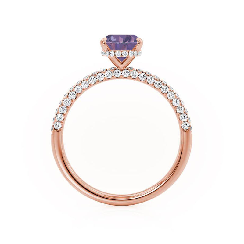COCO - Oval Alexandrite & Diamond 18k Rose Gold Petite Hidden Halo Triple Pavé Shoulder Set Ring Engagement Ring Lily Arkwright