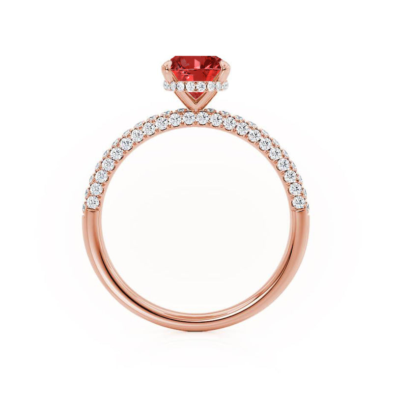 COCO - Oval Ruby & Diamond 18k Rose Gold Petite Hidden Halo Triple Pavé Shoulder Set Ring Engagement Ring Lily Arkwright