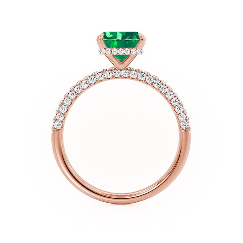 COCO - Princess Emerald & Diamond 18k Rose Gold Hidden Halo Triple Pavé Shoulder Set Engagement Ring Lily Arkwright