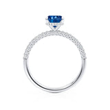 COCO - Oval Blue Sapphire & Diamond 18k White Gold Petite Hidden Halo Triple Pavé Shoulder Set Ring Engagement Ring Lily Arkwright